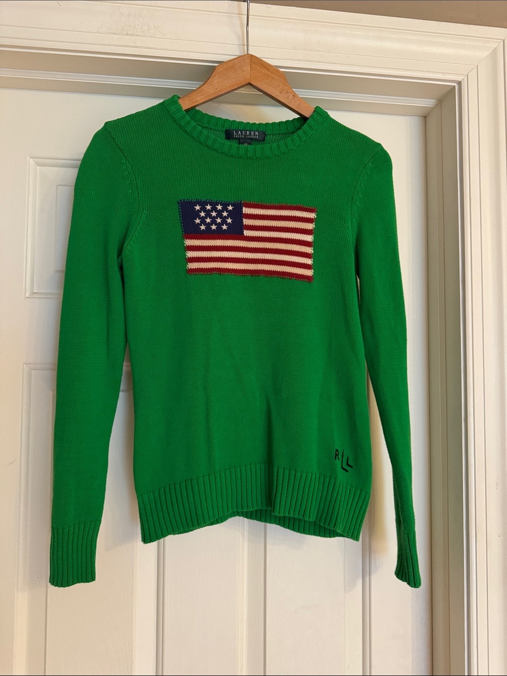Lauren Ralph Lauren Bright Green Crewneck Sweater with Flag Patch Size XS